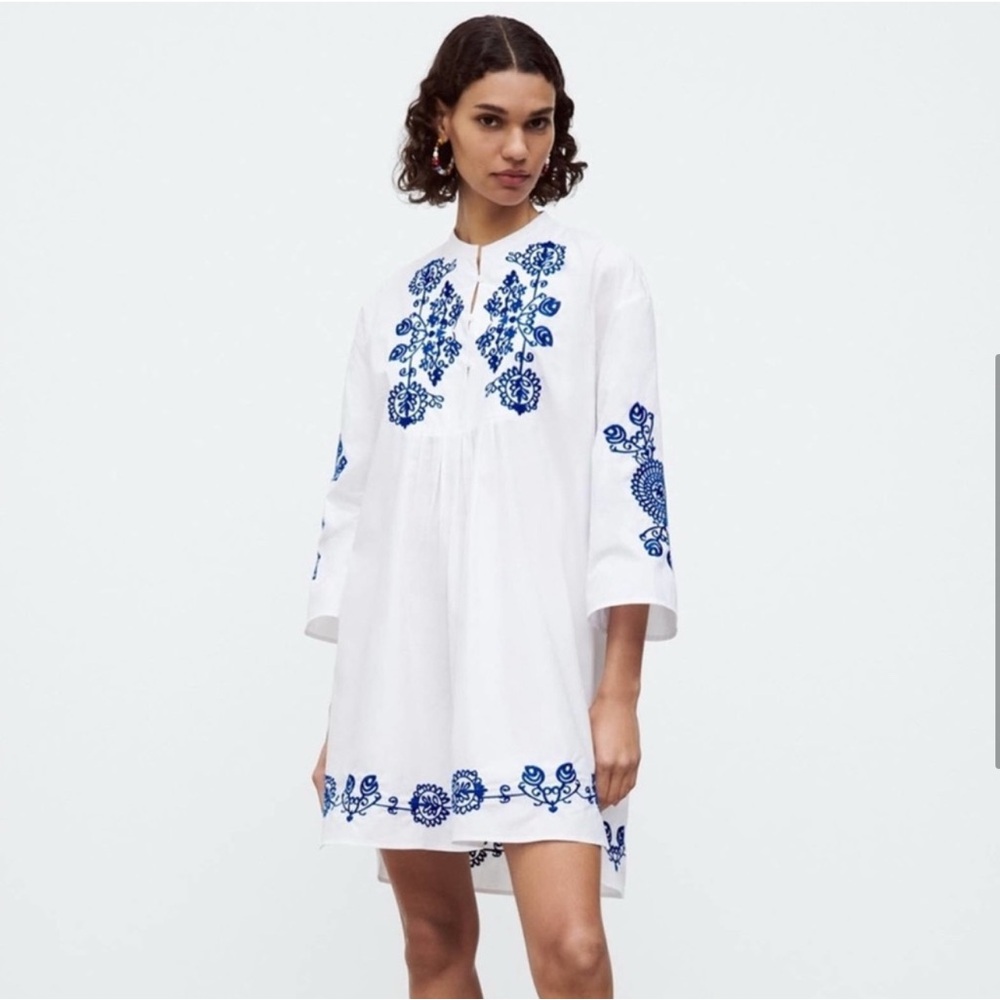 Zara White Mini Dress with Blue Embroidery